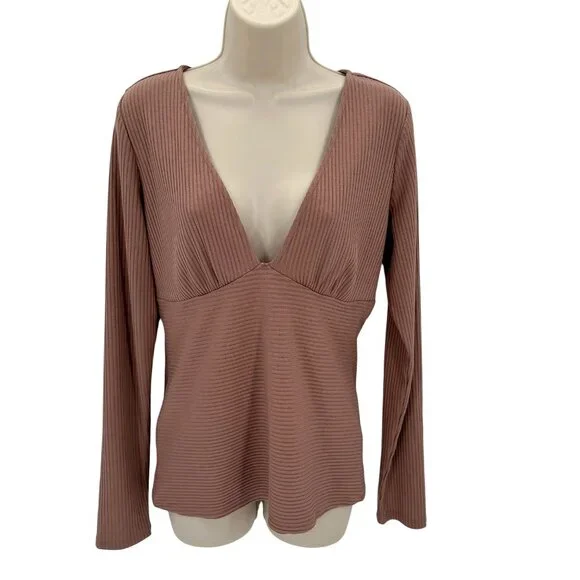Red By BKE Womens Mauve Deep V-Neck Fitted Ribbed Long Sleeve Top Size Large - Picture 1 of 8